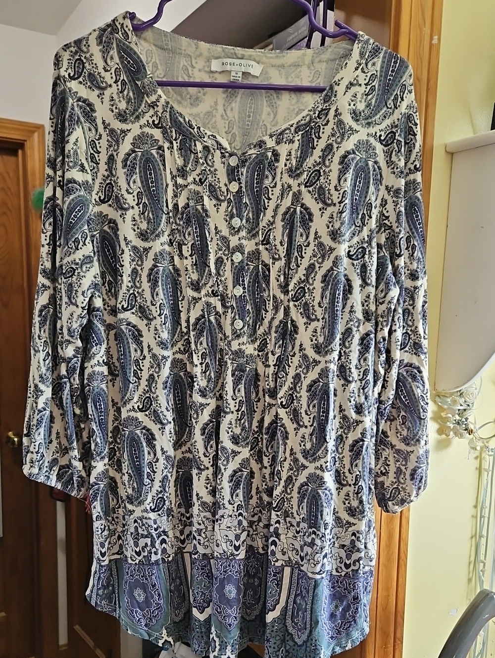 Rose & Olive Blue and Cream Paisley Button-Front Tunic
